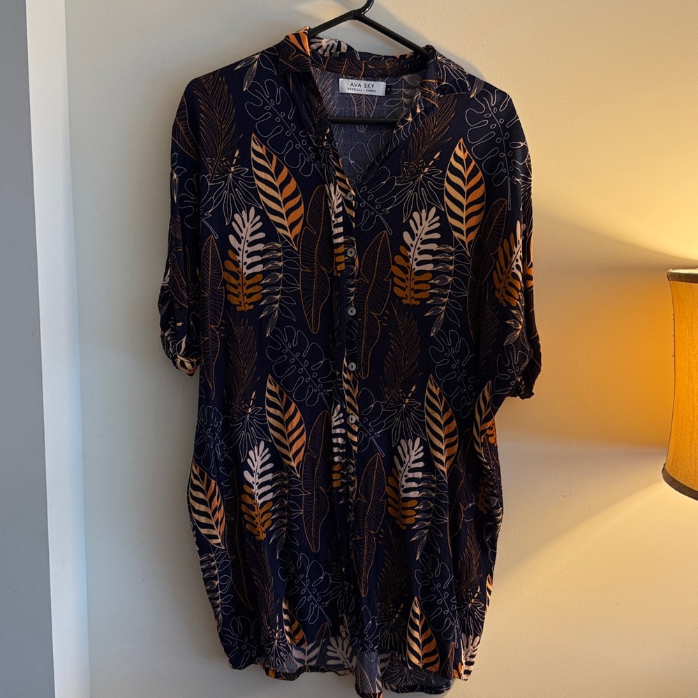 Ava Sky Leaf Print Button-Up Shirt dress